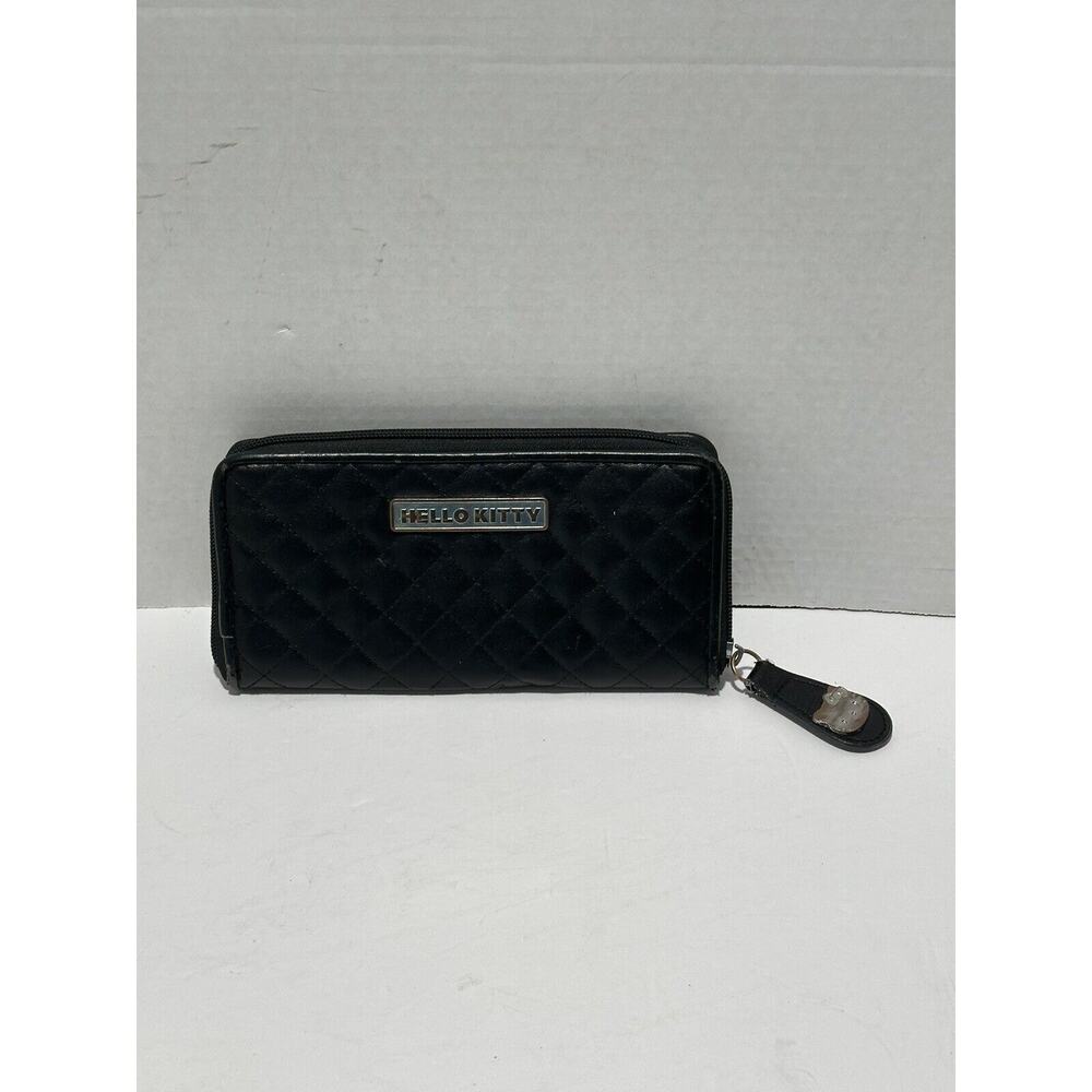 Hello Kitty Sanrio Black Wallet Red Lining HK Print Quilted Ladies Logo Zip Pull